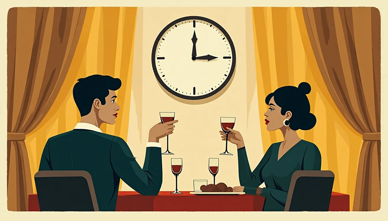 A New Year table with a clock approaching midnight