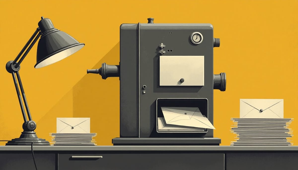 Une machine à pièces avale une pile d'enveloppes sur un bureau