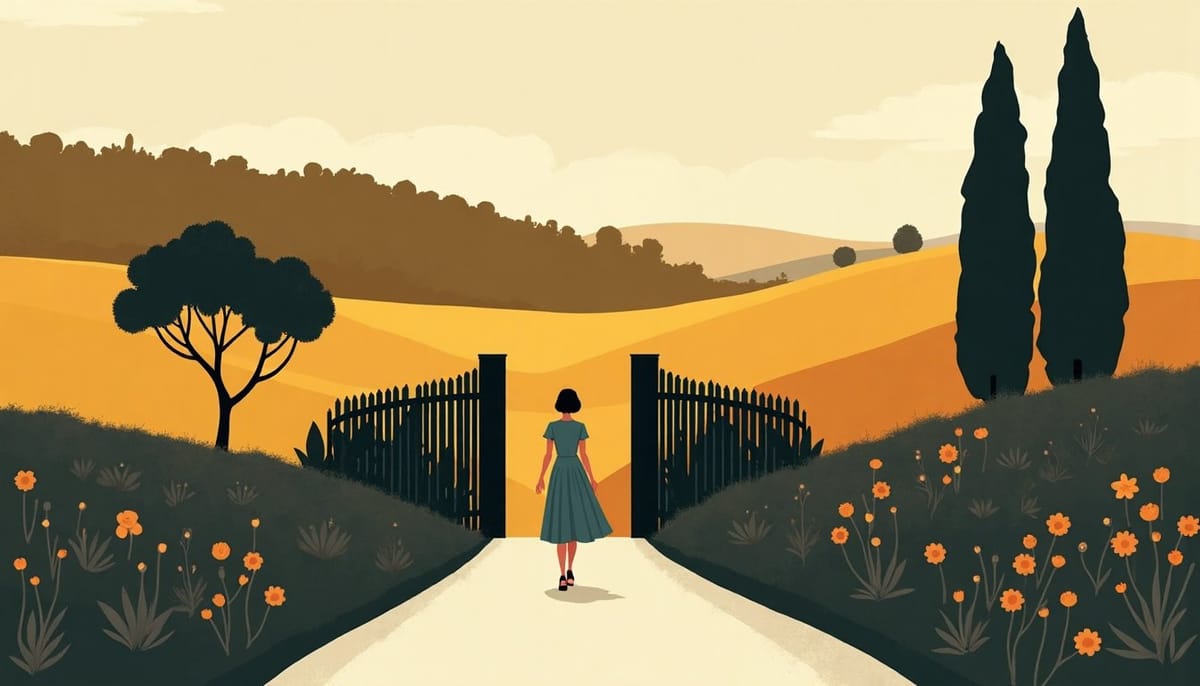 A garden gate open onto a lane