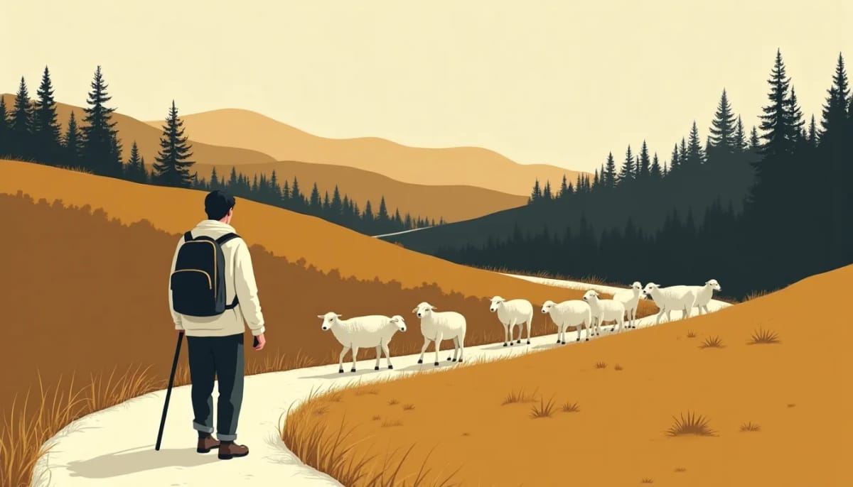 A shepherd's path with a flock of sheep as scattered cream shapes