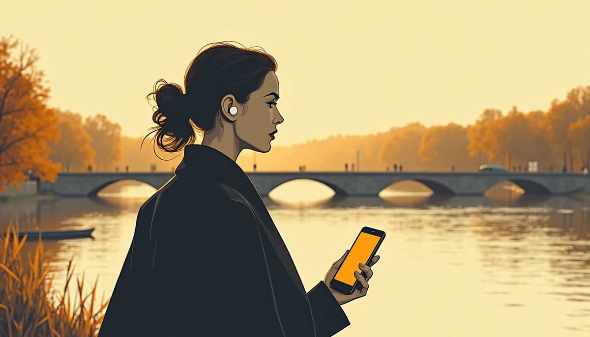Femme marchant le long d'un fleuve, écouteurs aux oreilles, téléphone à la main