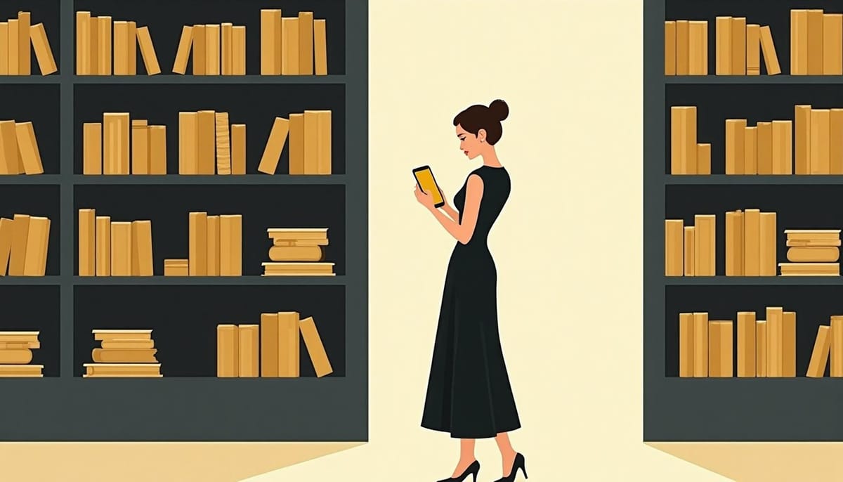 Femme de profil dans une librairie, un livre sous le bras, téléphone à la main