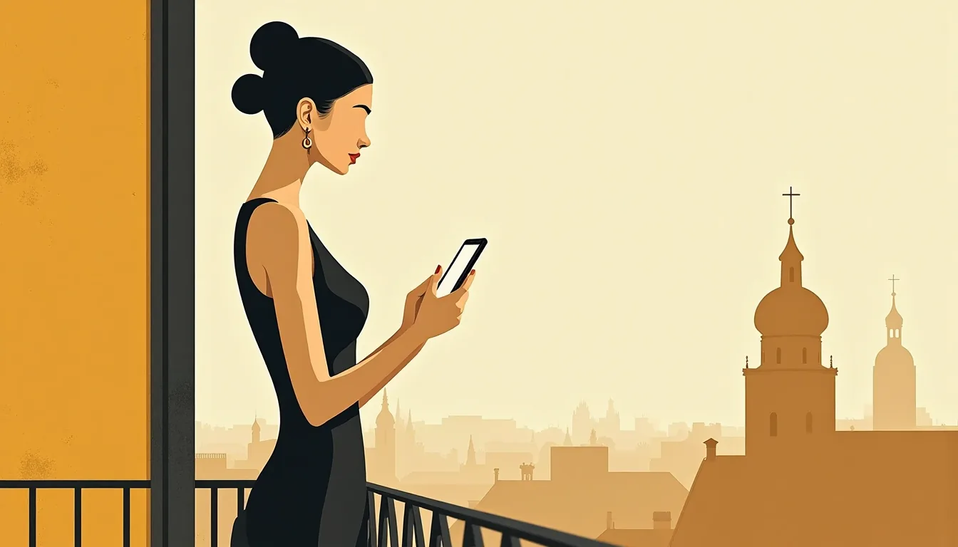 Femme de profil à une fenêtre au crépuscule, téléphone à la main