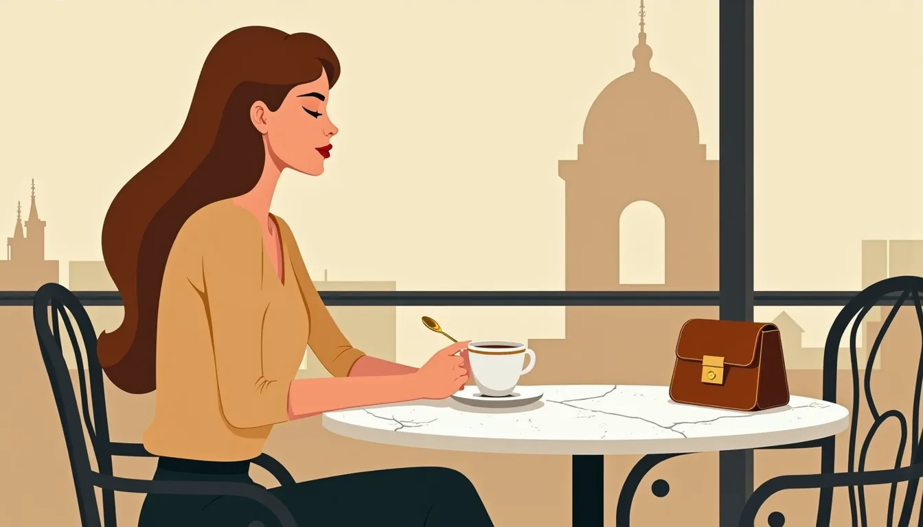 Femme attablée en terrasse avec un expresso et un sac en cuir