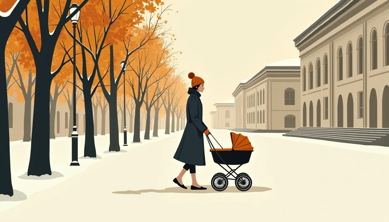 Jeune femme poussant un landau sur un boulevard enneigé