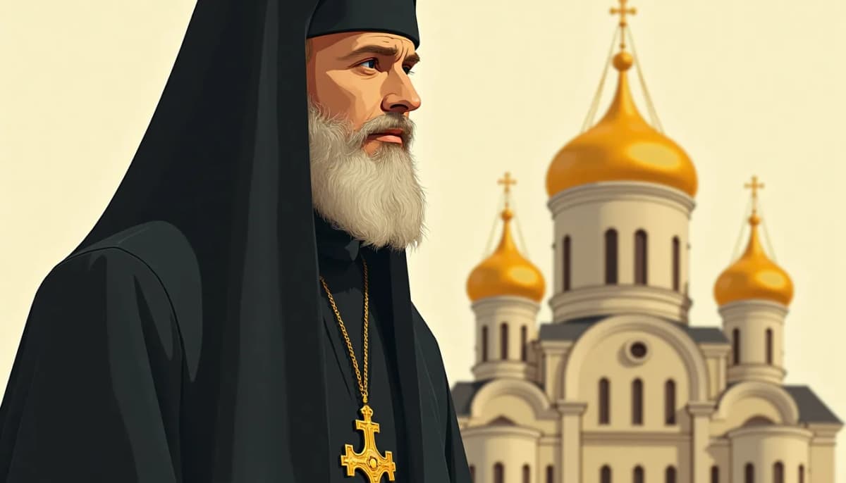 Un prêtre orthodoxe barbu en soutane noire, croix dorée sur la poitrine, devant une église aux coupoles dorées