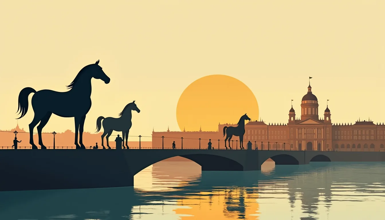 Pont Anitchkov et ses chevaux de bronze au coucher du soleil