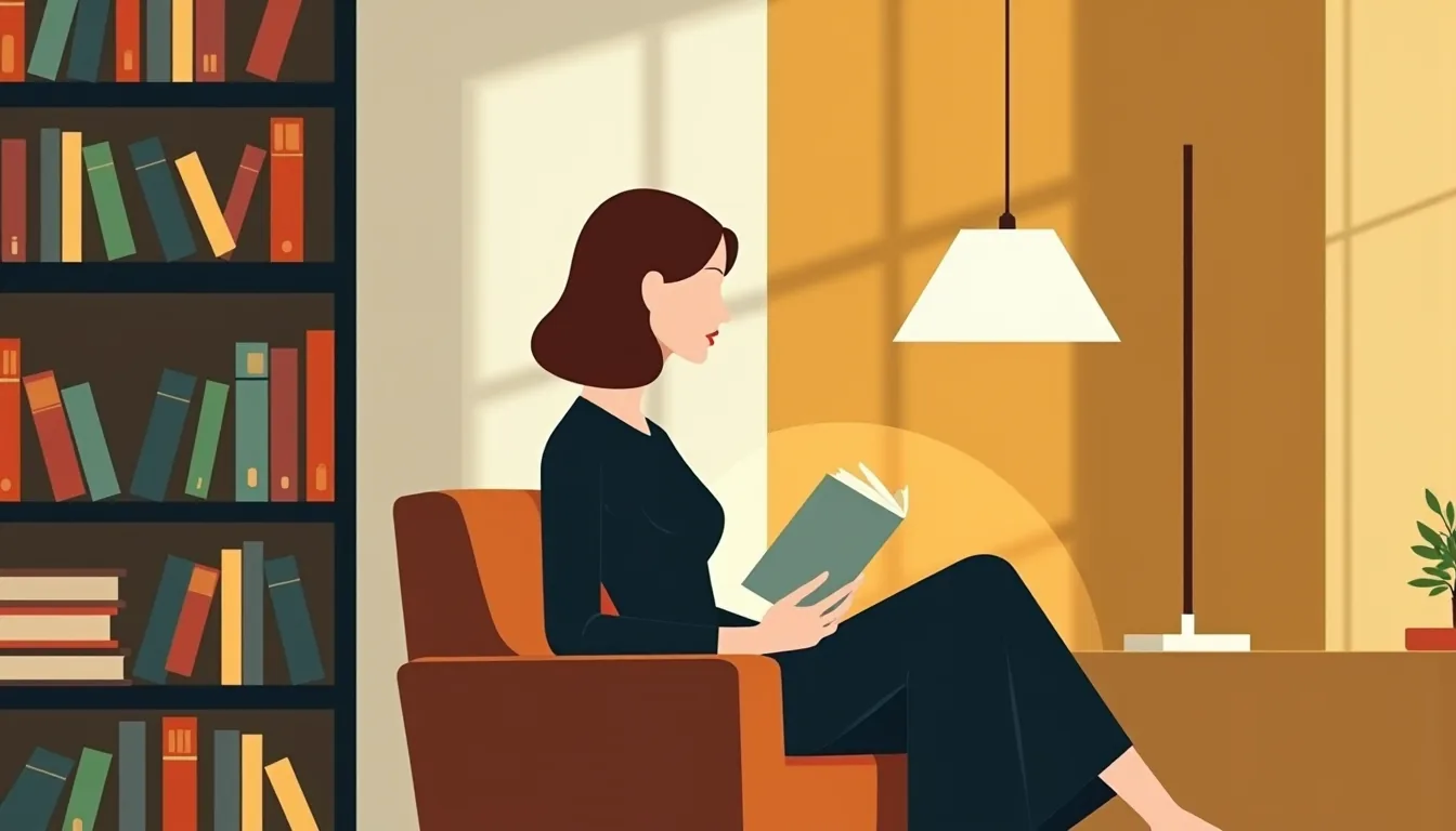 Femme lisant dans un fauteuil de bibliothèque, livre sur les genoux