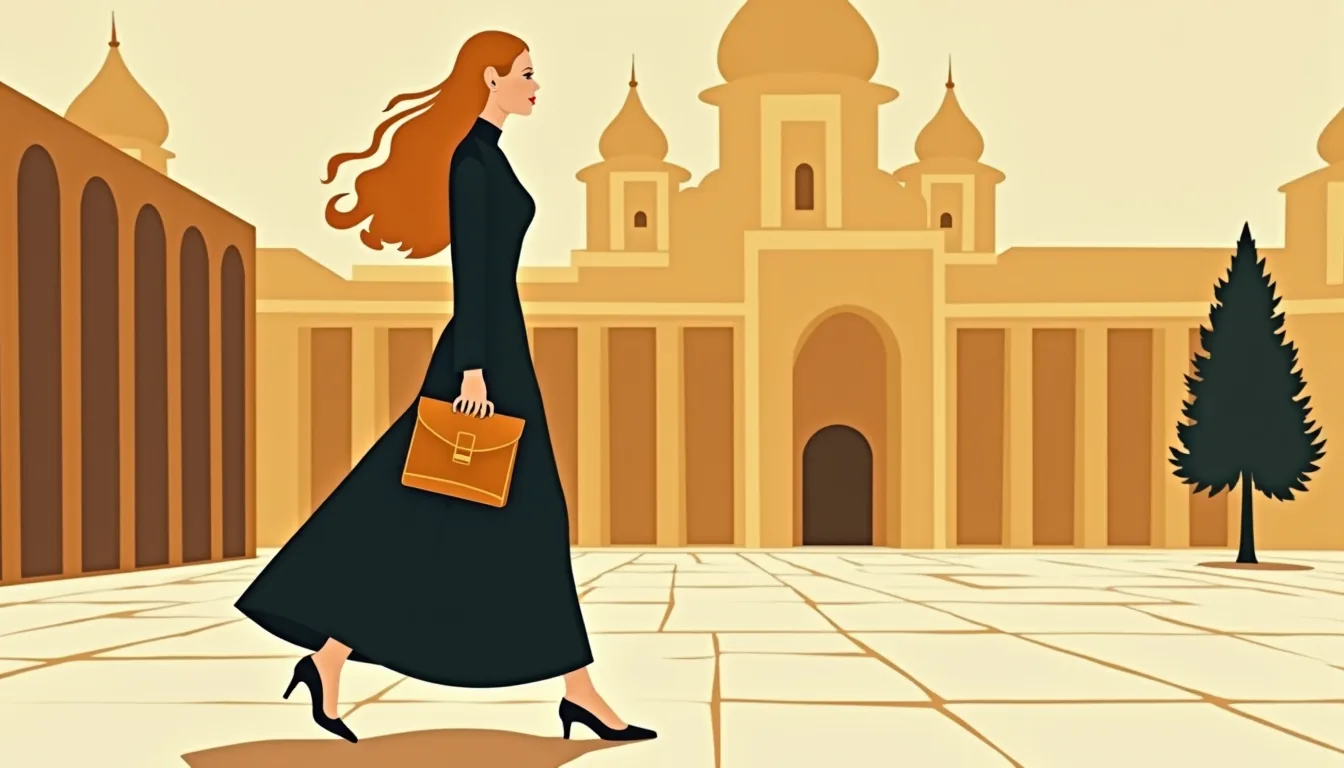 Femme marchant devant la colonnade de la place de l'Indépendance à Minsk