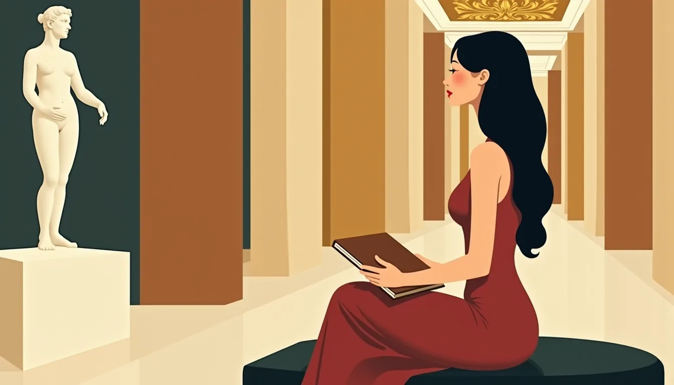 Femme assise dans une galerie de l'Ermitage face à une statue de marbre