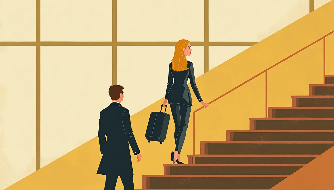 A blonde woman with a suitcase on an airport staircase, a man waiting below