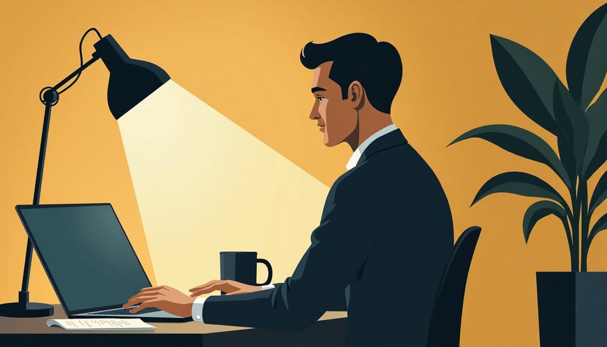 A man typing on a laptop late at night under a desk lamp