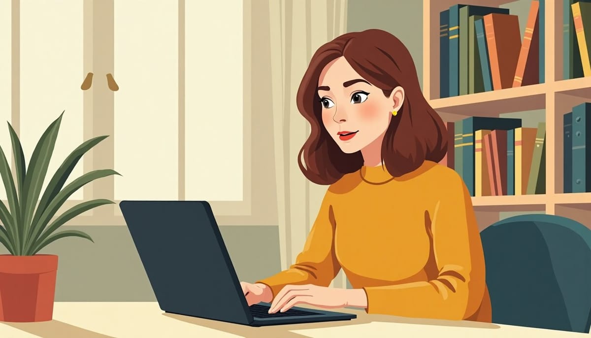 A woman with chestnut hair at a laptop in a bright living room