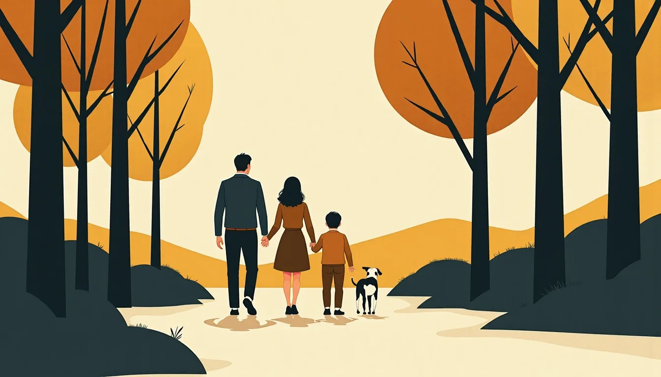 A family walking a forest path in single file