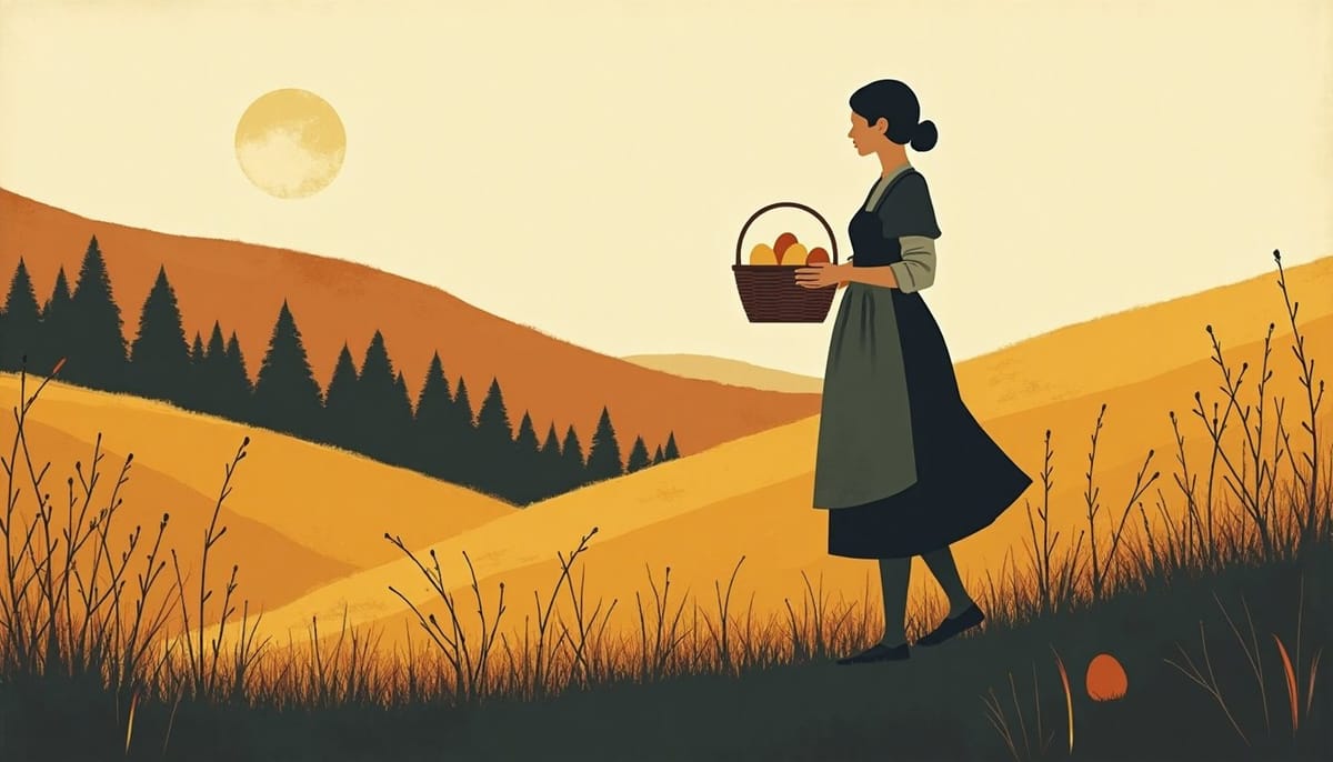 A woman collecting eggs in an apron held out as a basket