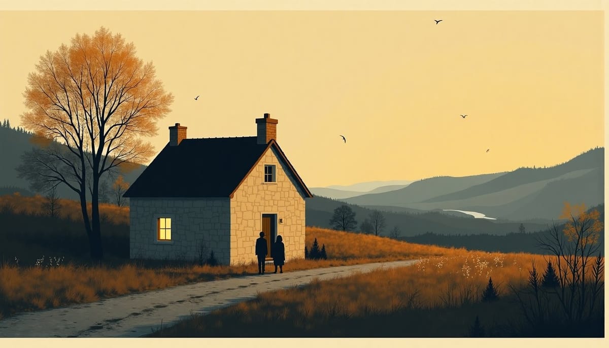 A stone farmhouse at dusk