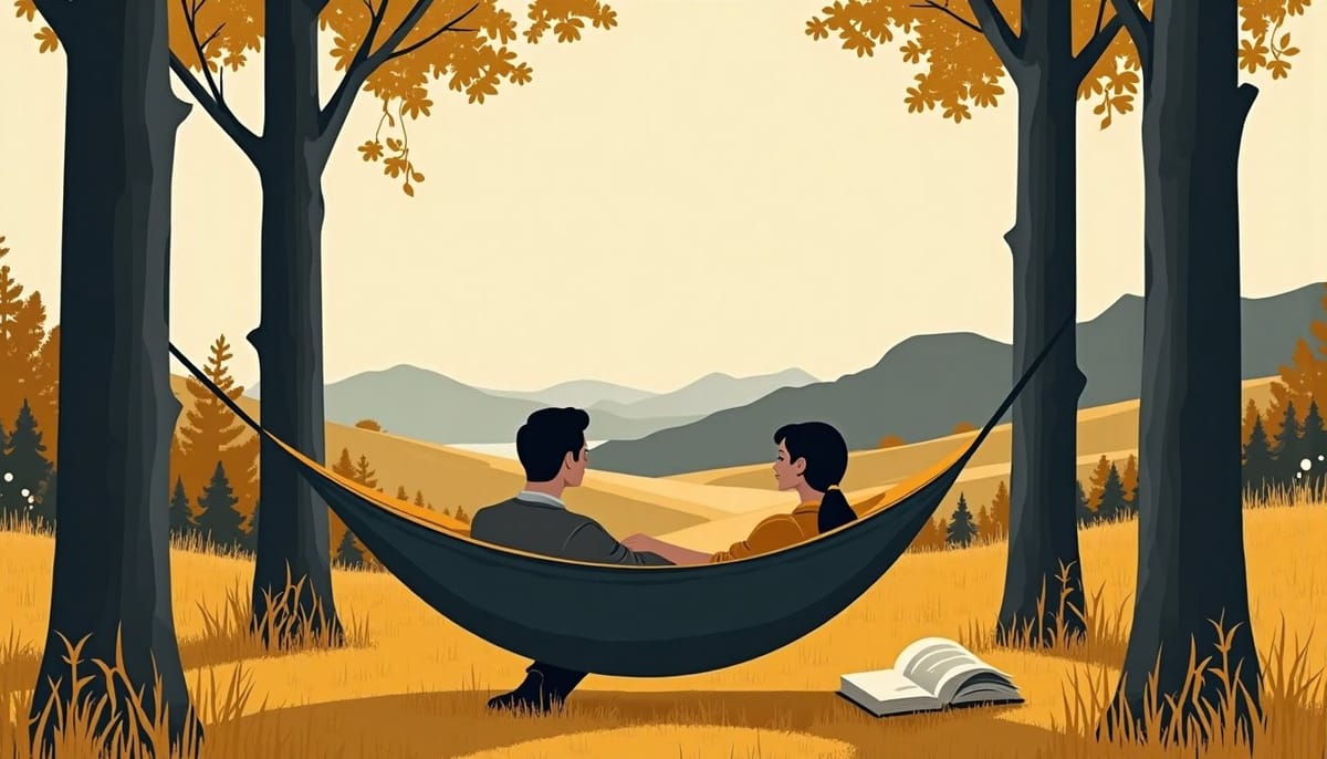 A hammock strung between two trees