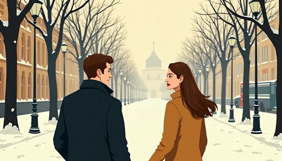 On a snowy Moscow boulevard, a young woman with long chestnut hair turns her head as a man calls her name