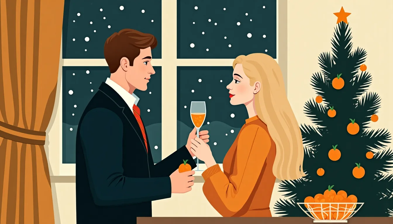 A young couple share tangerines and champagne beside a decorated fir tree in a Moscow apartment on New Year's Eve