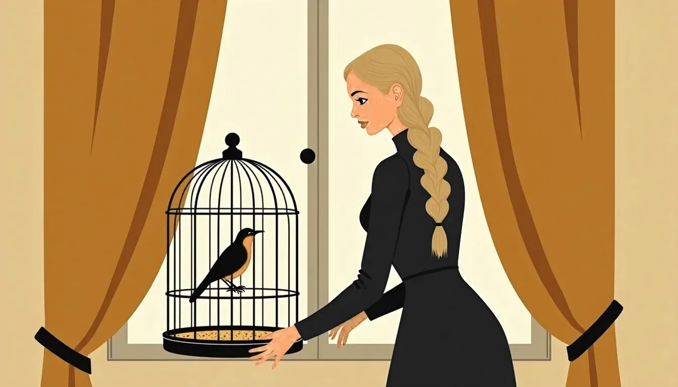 A woman filling the seed tray of a birdcage by a window