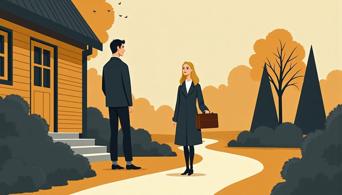 Man waiting by the porch steps of a wooden house as a blonde woman with a travel case walks up the garden path