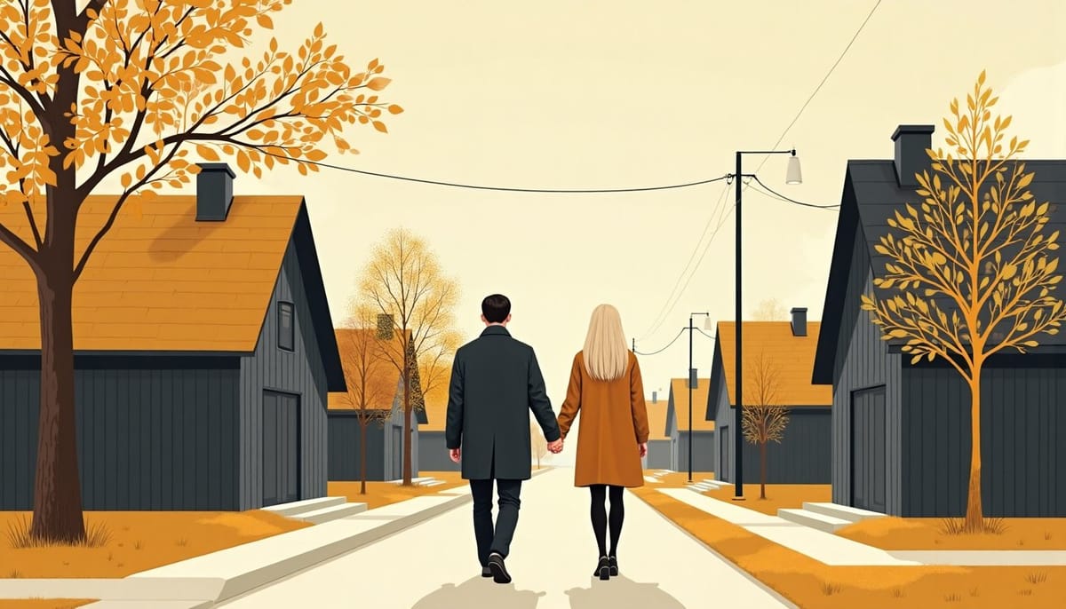 Couple walking hand in hand down an autumn street of low houses, seen from behind