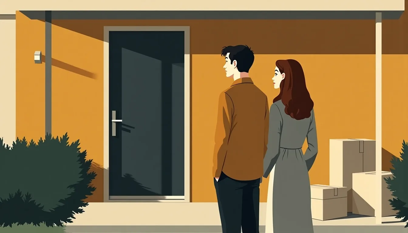 Couple standing on the porch of their new house beside moving boxes, seen from behind