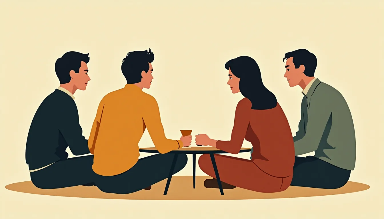 A housewarming: friends seated on the floor around a low table