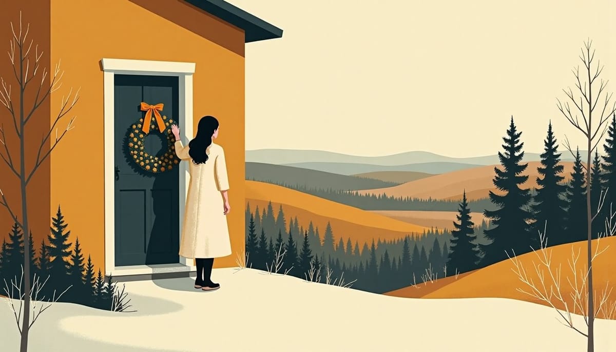 A woman placing a wreath on a door in winter