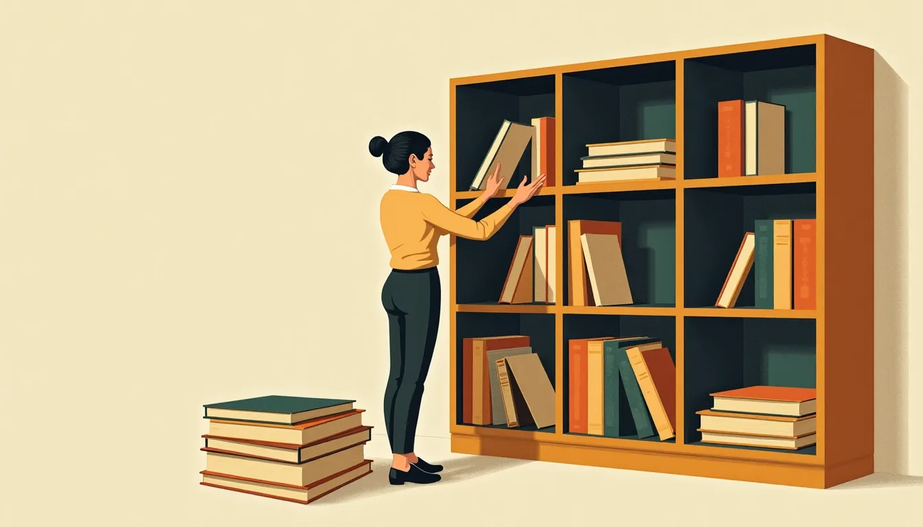 A woman rearranging bookshelves