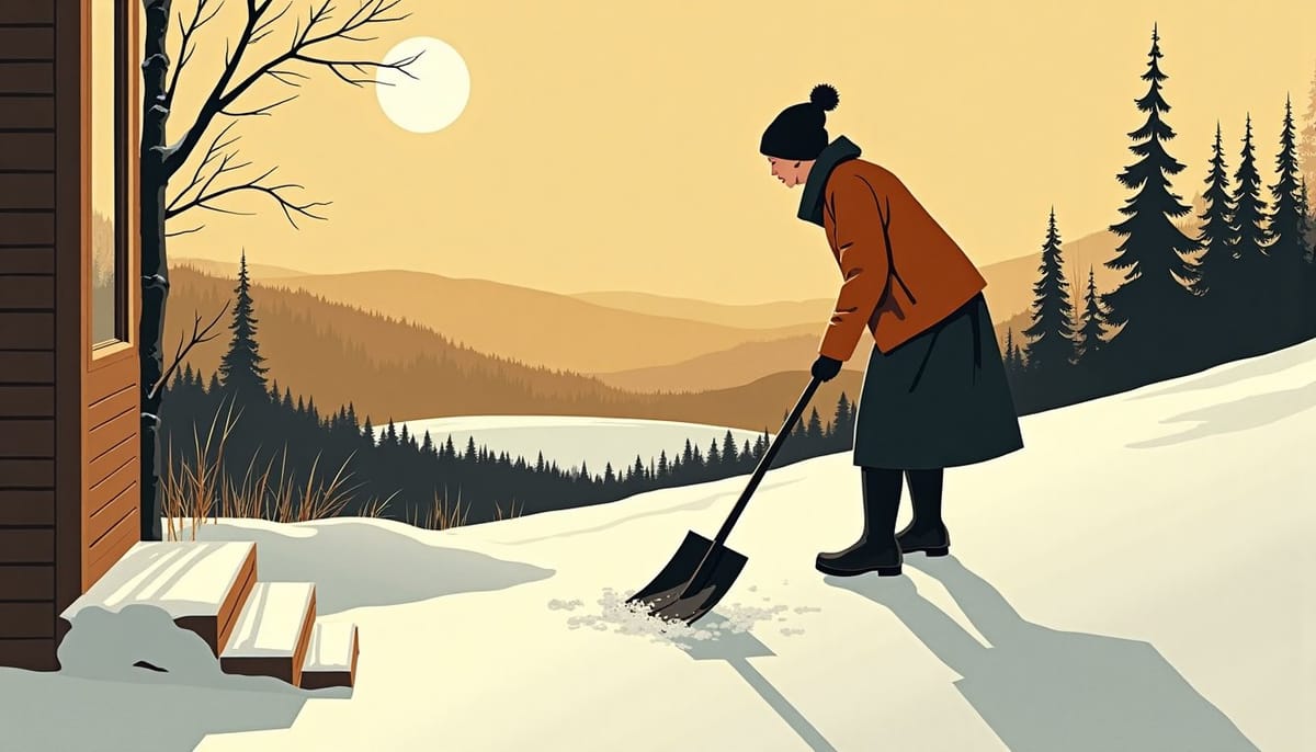 A woman shovelling snow from a doorstep at dawn