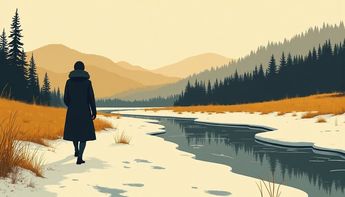 A woman in a heavy coat crossing a frozen river on a footpath