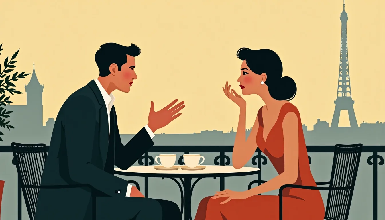 Couple en conversation à une terrasse parisienne, séduction à la française
