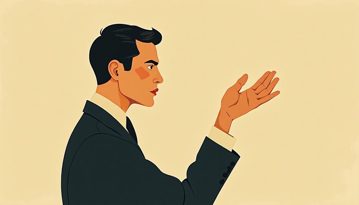 Homme de profil, la main levée en pleine conversation