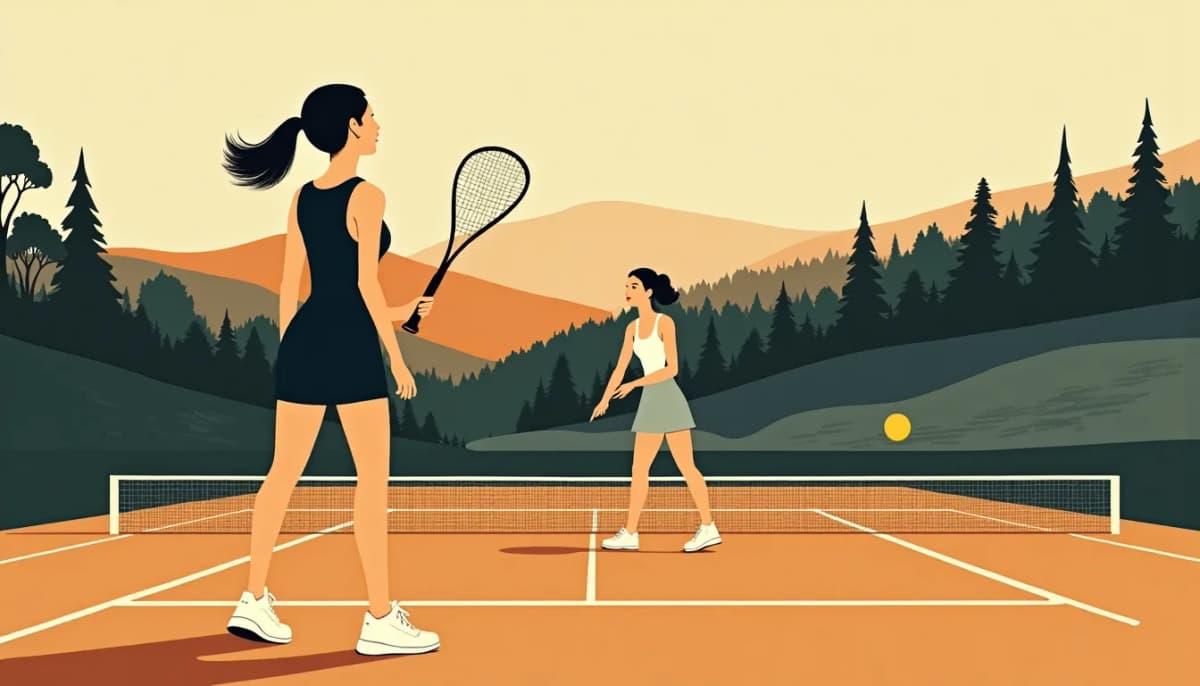 Two women mid-rally on a clay tennis court