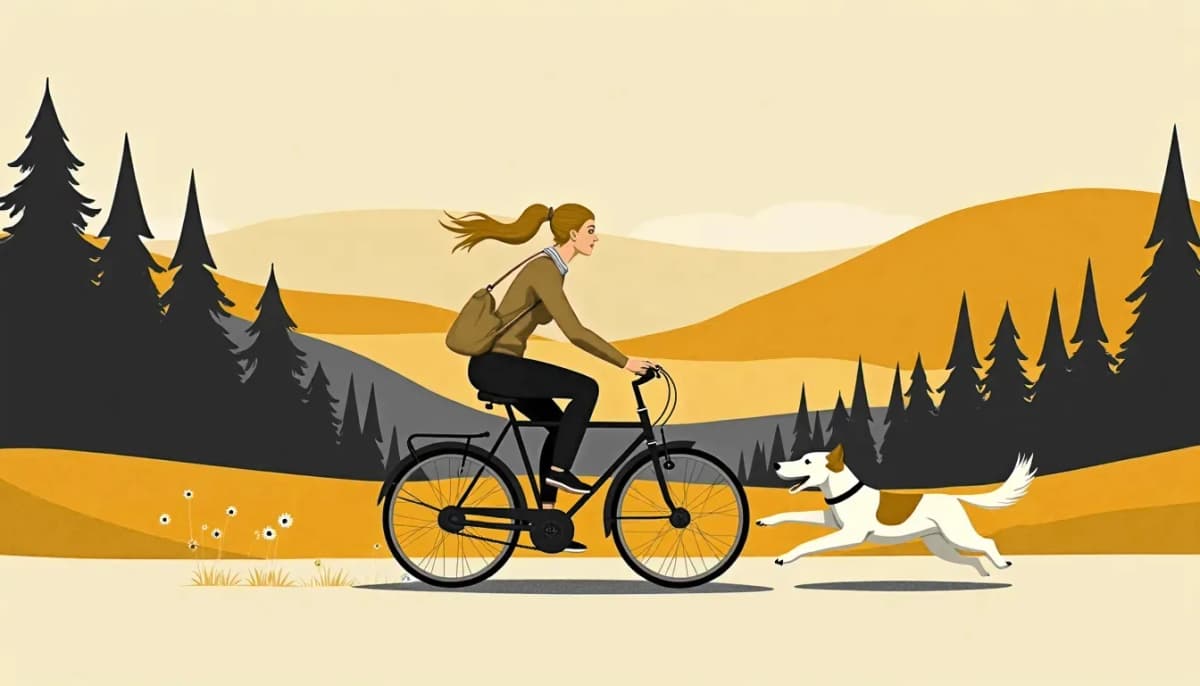 A woman cycling with a dog running alongside