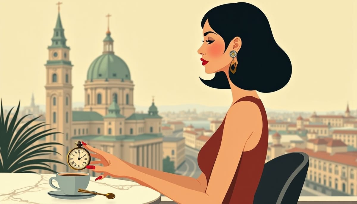 Slavic woman embracing femininity, not submission, mid-century illustration