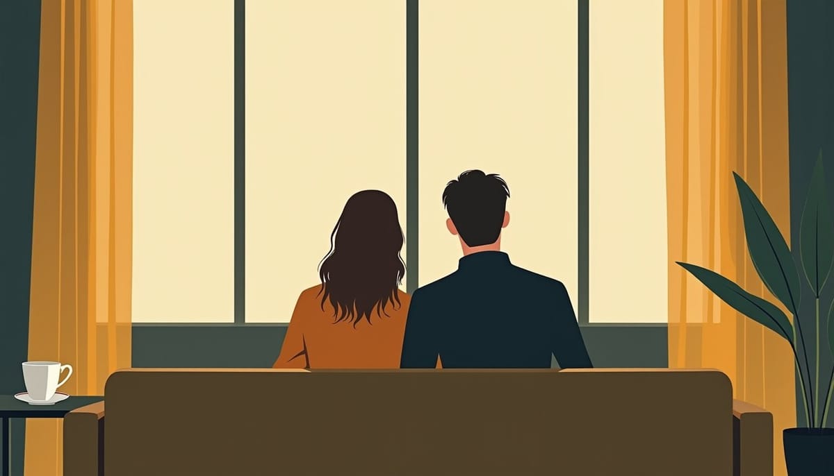 Illustration mid-century d'un couple face à face sur le thème de l'attachement