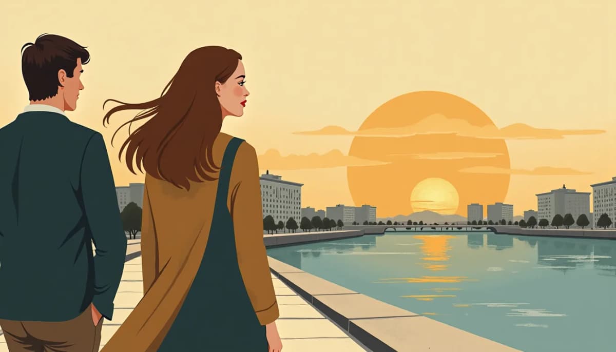 A young Tatar woman with light chestnut hair strolls with a man along the Kazanka embankment in Kazan at sunset