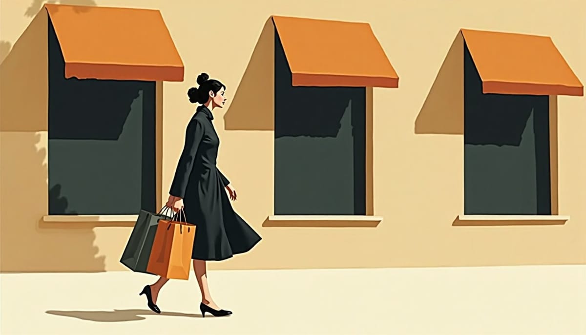 A woman walking a boulevard with shopping bags