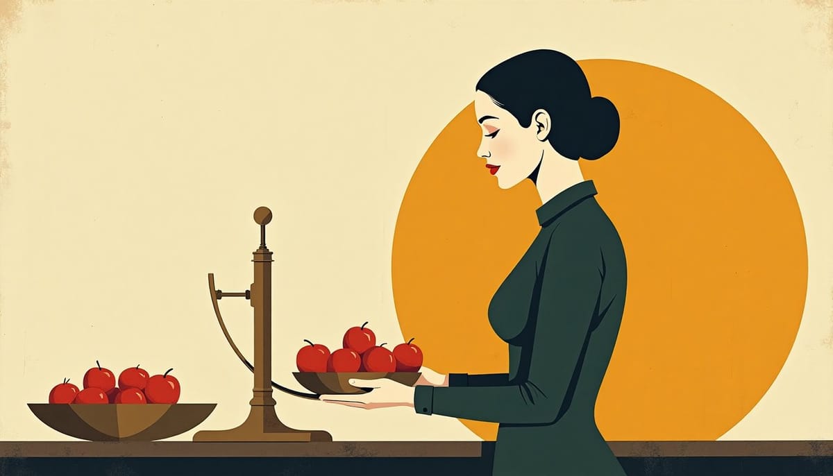 A woman weighing apples on a brass scale