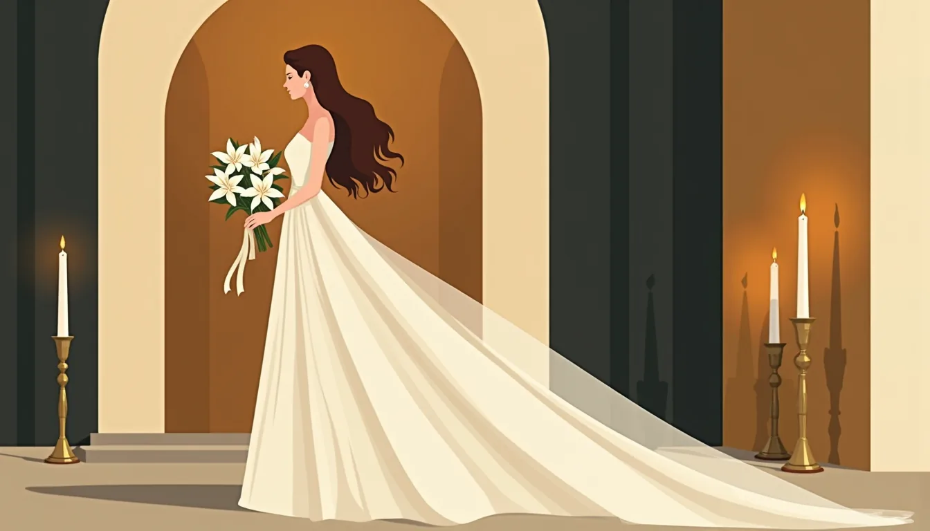Mariée tenant un bouquet de lys blancs dans une cathédrale
