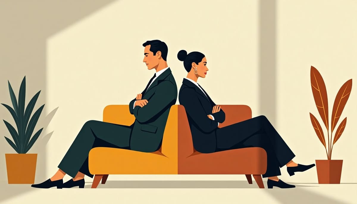 Illustration mid-century d'un couple dos à dos, chacun enfermé dans son rôle