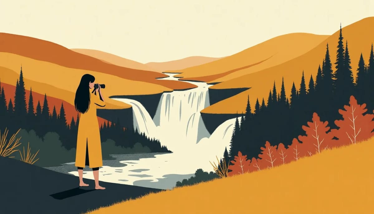 A woman photographing a waterfall