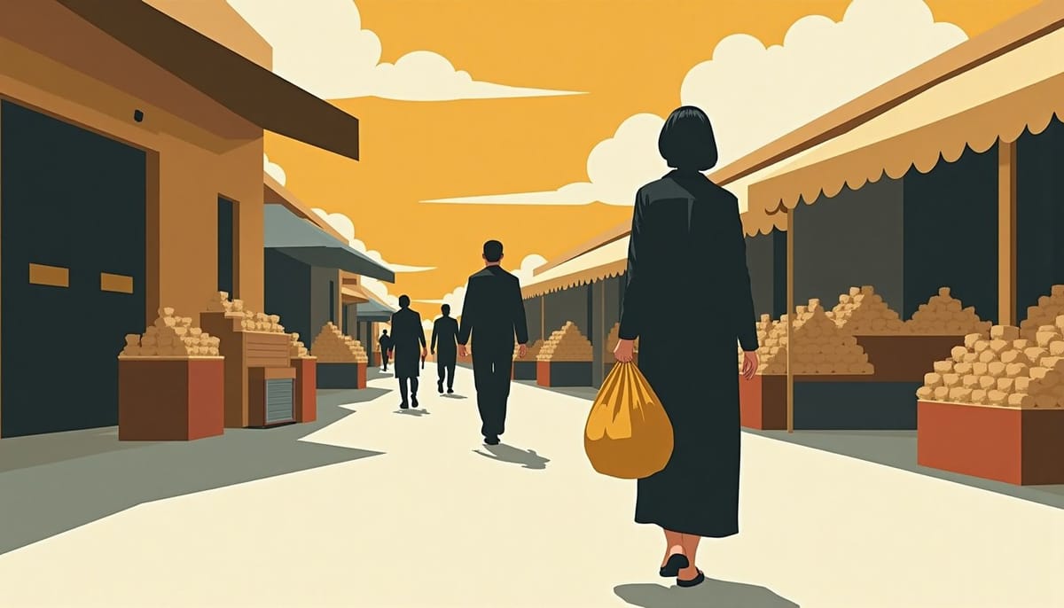 A woman carrying a full string bag along a market street