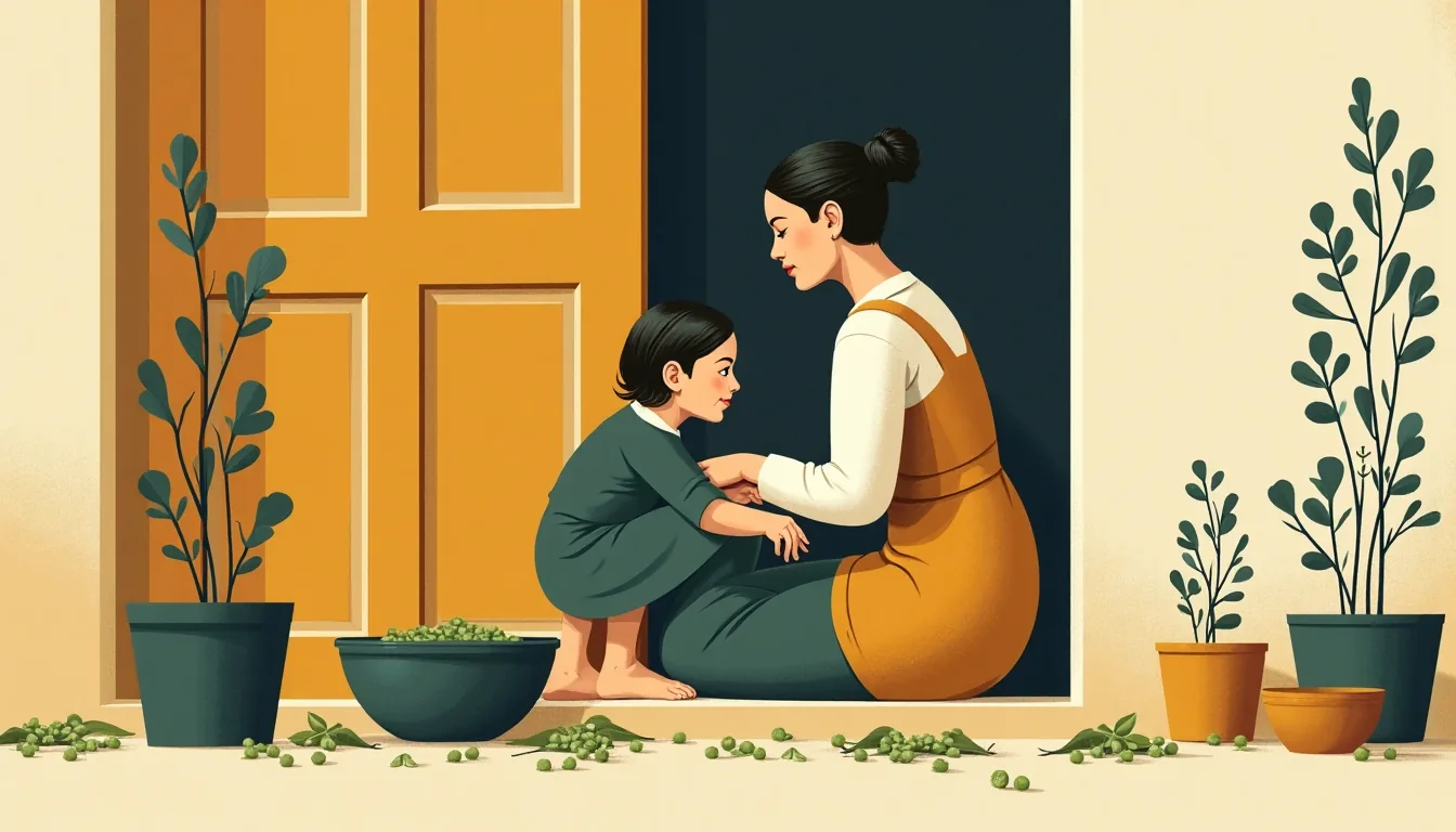 A mother and daughter shelling peas on a doorstep