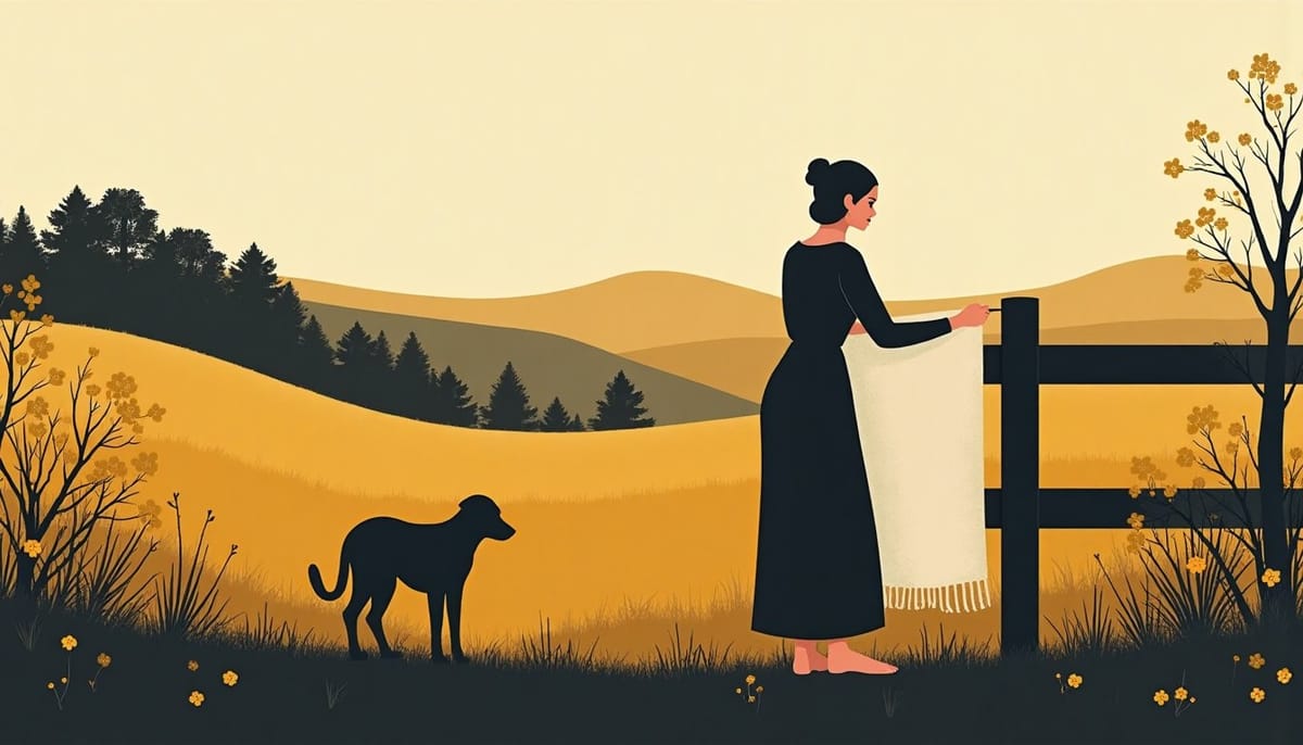 A woman shaking out a rug over a garden fence