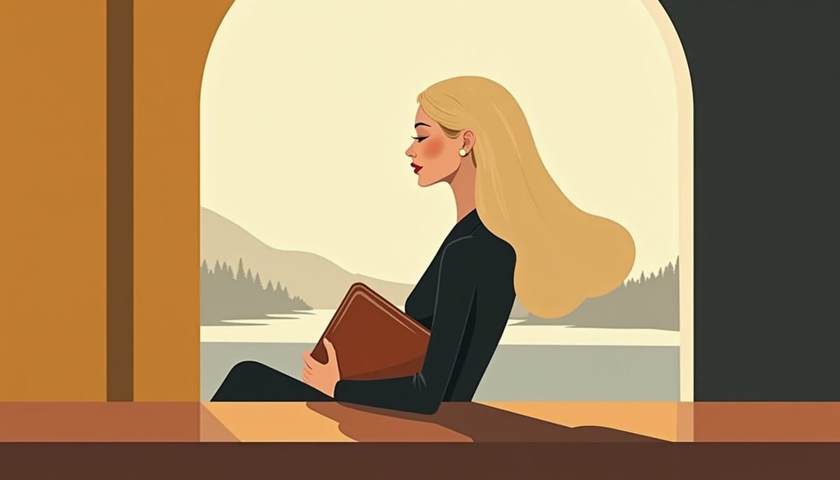 Femme russe préparant un visa Schengen court séjour, illustration mid-century