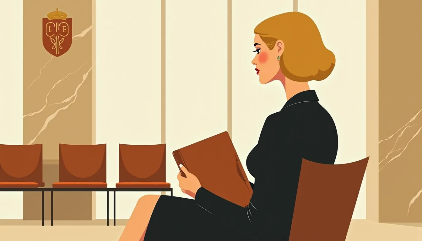 Femme dans une salle d'attente d'ambassade, dossier sur les genoux