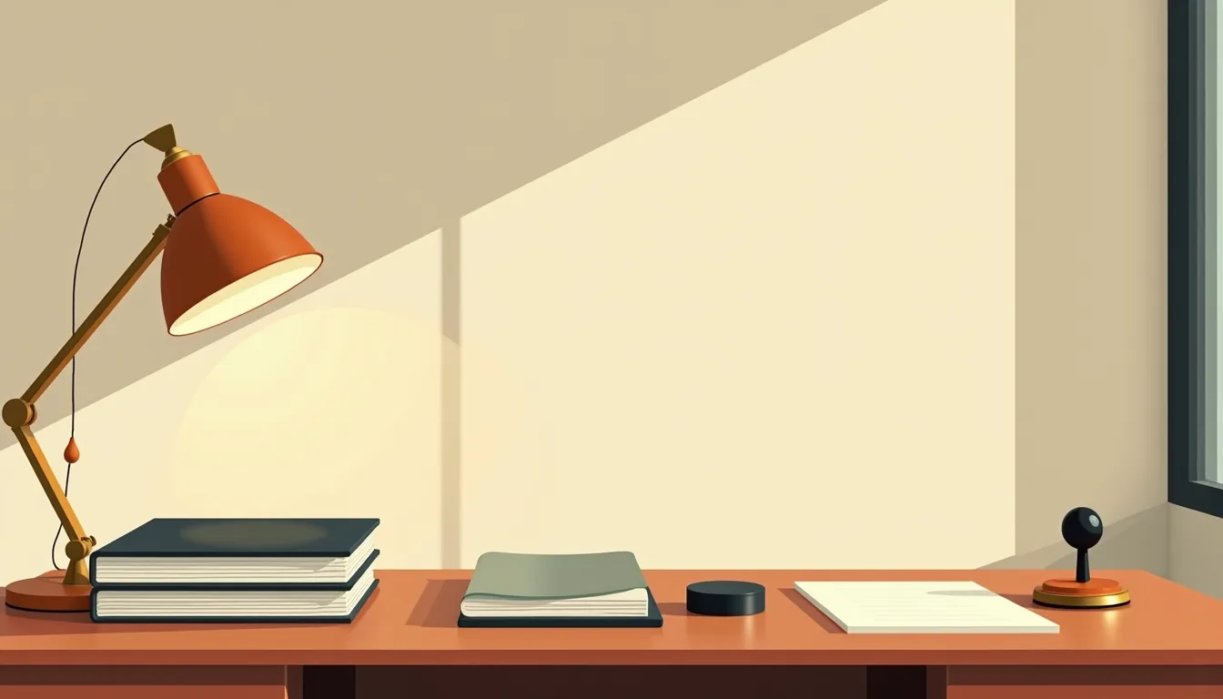 Bureau administratif, dossier et tampon posés sous la lampe